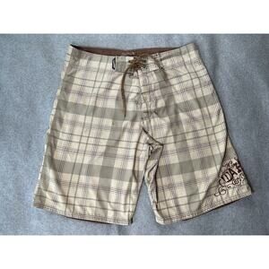 Da Hui Swimming Trunks Mens W34 Shorts Plaid Beach Logo Light Weight Beige